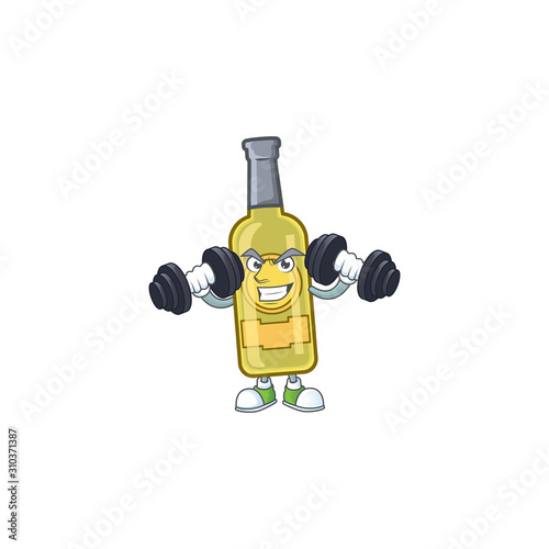 Fitness exercise champagne yellow bottle mascot icon with barbells