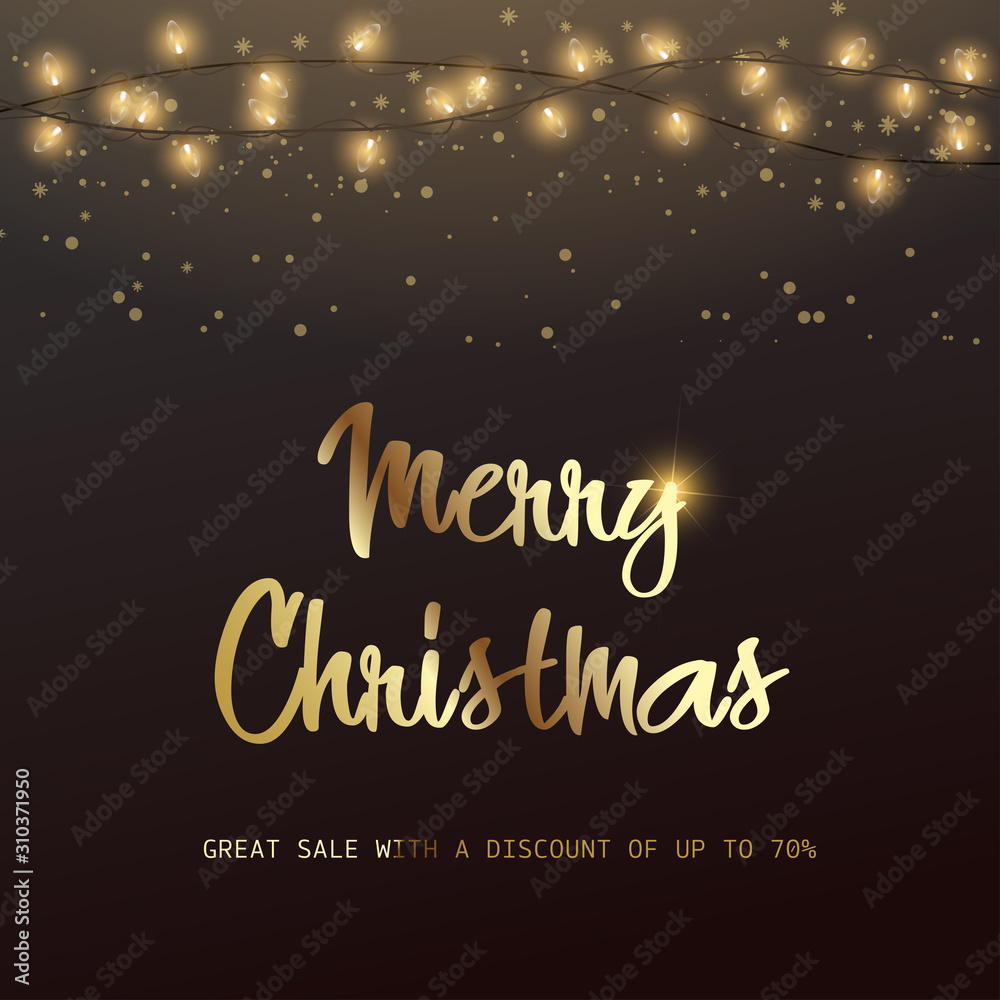 Merry Christmas discount card with Xmas ornaments. Vector