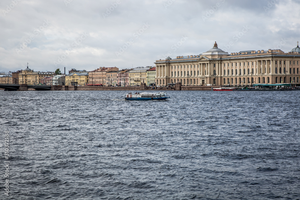 Neva river in St. Petersburg. University embankment. Saint Petersburg, Russia