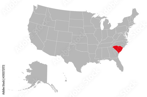 South carolina state marked red on US political map. Gray background. United States province.