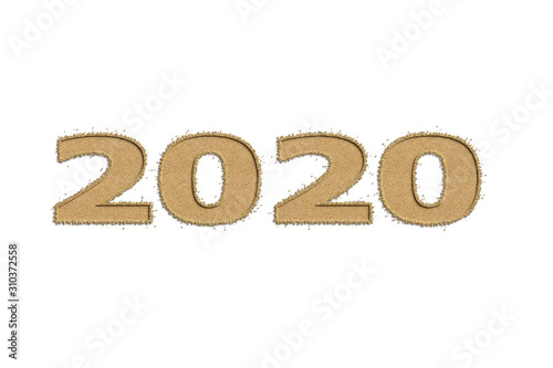 Happy New Year 2020 logo with sand design. Cover of business diary for 2020 with wishes. Brochure design template, card, banner. On a white background.