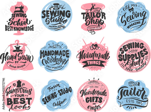 Tailor, sewing, handmade logo, phrases, stamp. Vector illustration. Handwritten lettering composition for shop, labels, badges, stickers, postcard, etc. Calligraphy, typography with textured effect
