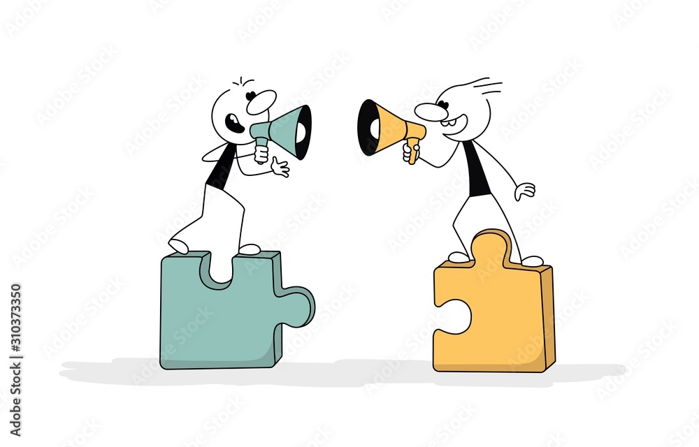 Doodle stick figure: people with puzzles, speaker. Doodle stick figure: people with puzzles, speaker.