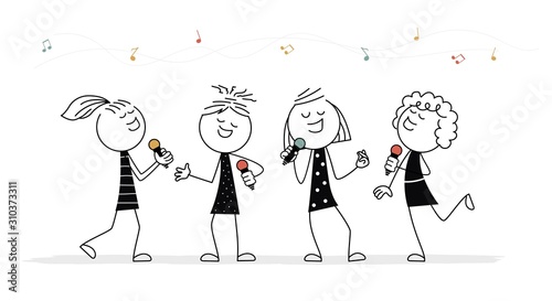 Doodle stick figure: Little people with microphones. Girls singing.