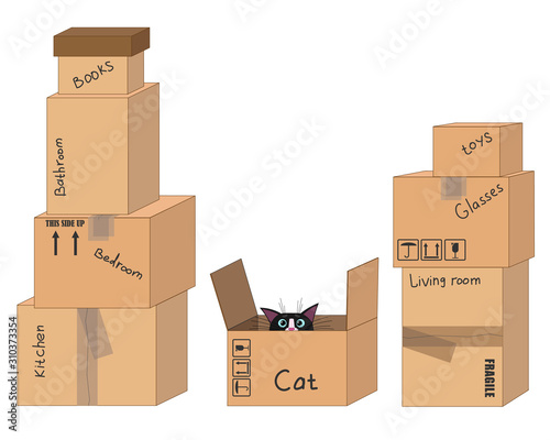 Many of empty volumetric boxes for moving with a cat with inscriptions