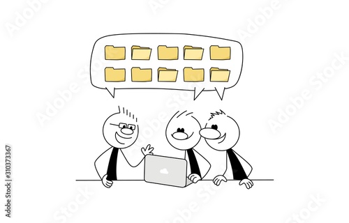 Doodle stick figure: business meeting. Businesspeople using a laptop.
