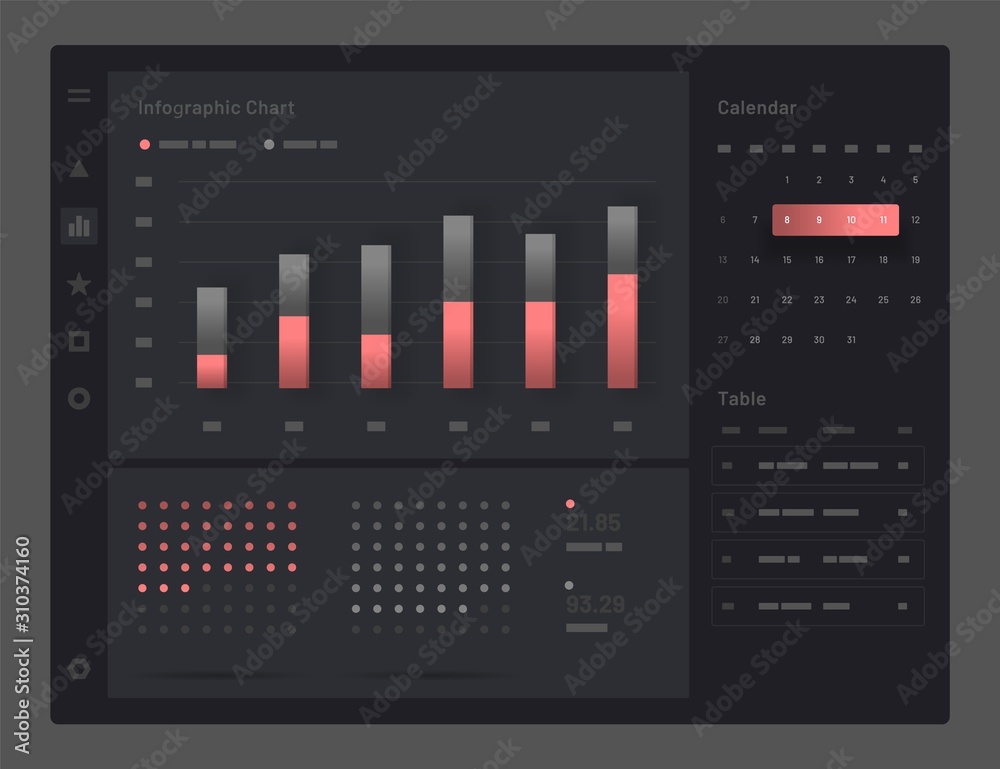 Web app Dashboard UI and UX Kit. Elements of infographics on a black background. Use in presentation templates, mobile app and corporate report.