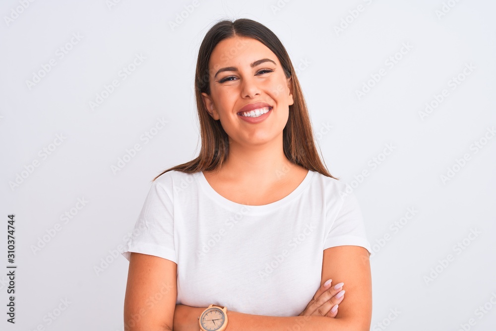 Portrait of beautiful and young brunette woman standing over isolated white background happy face smiling with crossed arms looking at the camera. Positive person. Portrait of beautiful and young brunette woman standing over isolated white background happy face smiling with crossed arms looking at the camera. Positive person.