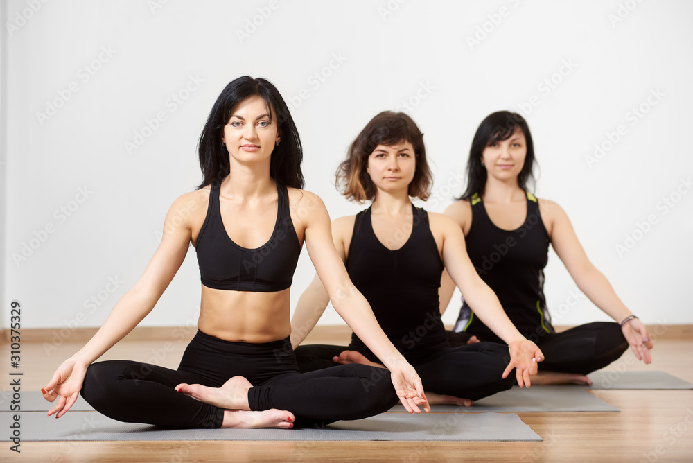 Slim brunettes women in yoga pose, sitting on floor on mat in row, looking on camera, relaxing making meditation lotus pose with fingers together in mudras. Yoga concept. Copy space, white background Slim brunettes women in yoga pose, sitting on floor on mat in row, looking on camera, relaxing making meditation lotus pose with fingers together in mudras. Yoga concept. Copy space, white background