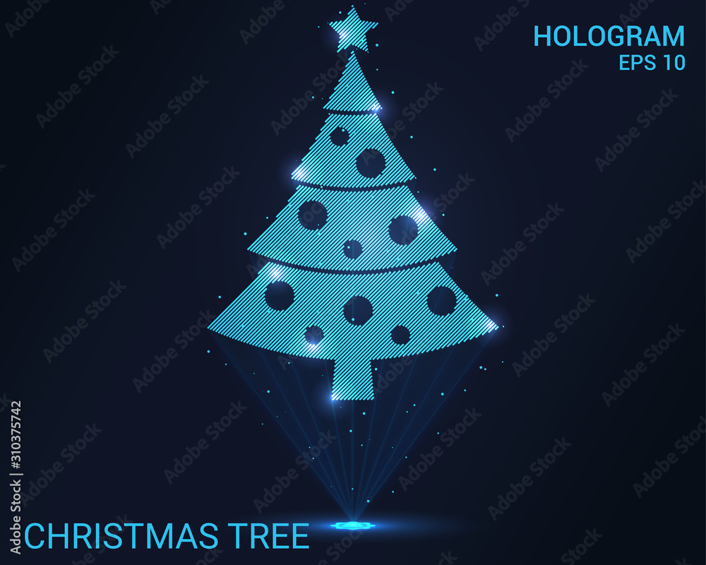 Hologram Christmas tree. Holographic projection Christmas tree. Flickering  energy flux of particles. Scientific Christmas design. Stock Vector