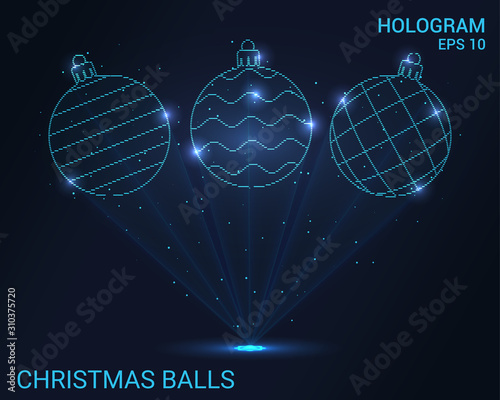Hologram Christmas balls. Holographic projection Christmas tree toys. Flickering energy flux of particles. Scientific Christmas design.