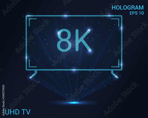 Hologram TV. Holographic projection TV 8K. Flickering energy flux of particles. The scientific design of ultra high definition.
