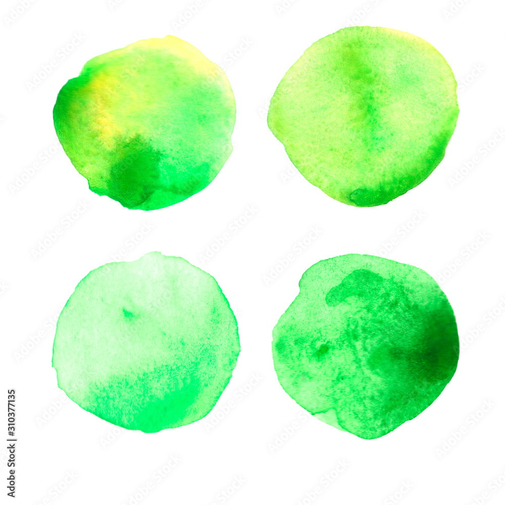 Set of light green watercolor spots isolated on white background. Hand drawn. Paint and brush. For card, text, logo, tag