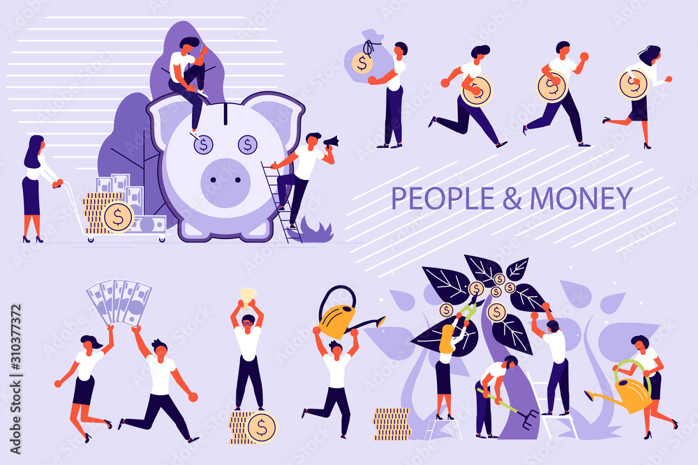 Set of people and money concept