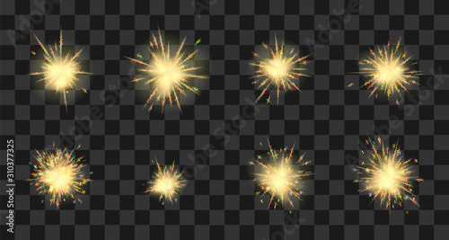 Vector fiery sparks effect set. Burning sparkler. Firework design on transparent background.