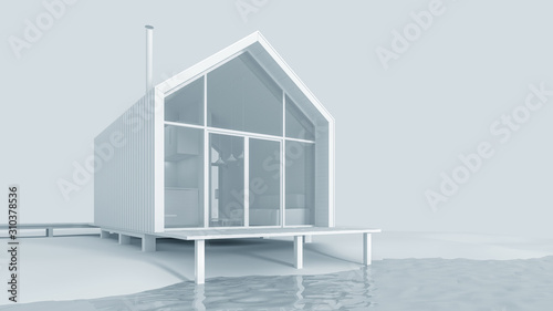 The project of a modern small cottage house in Scandinavian eco-friendly Northern style with a high roof on the lake in white materials with daylight, 3D illustration. Stock illustration.