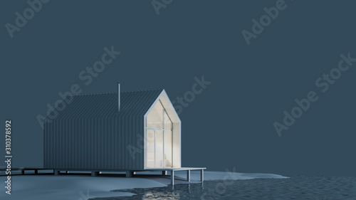 The project of a modern small cottage house in Scandinavian eco-friendly Northern style with a high roof on the lake in white materials with daylight, 3D illustration 3D rendering. Stock illustration © ParamePrizma