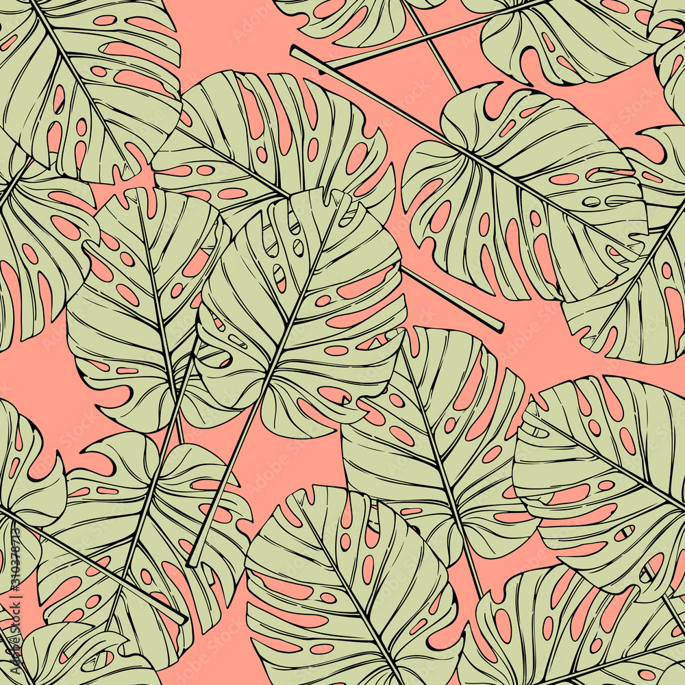 Fototapeta premium Tropical leaves seamless pattern. Palm monstera branch on pink background.