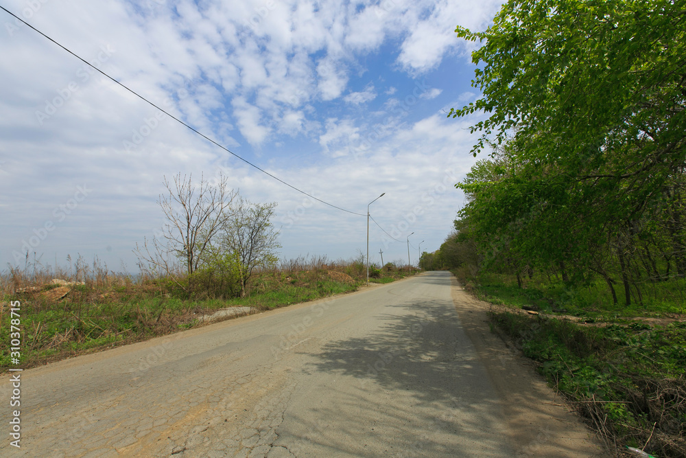 Beautiful country road in the summer. Asphalt or dirt road in the suburbs.
