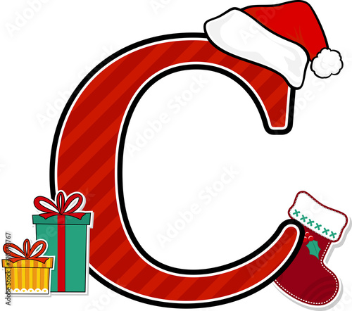 capital letter c with red santa's hat and christmas design elements isolated on white background. can be used for holiday season card, nursery decoration or christmas paty invitation