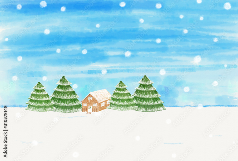 水彩　手描き　雪　景色(4)
