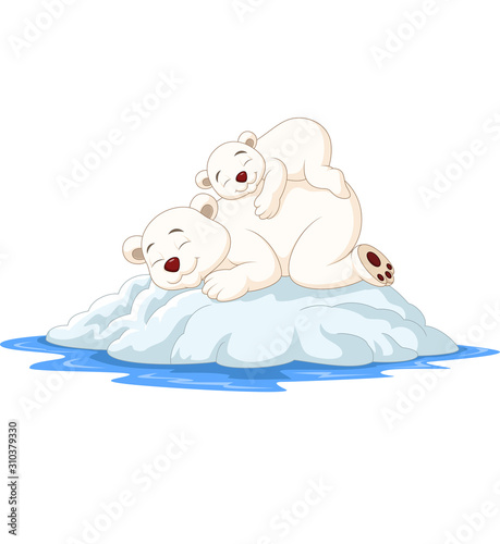 Cartoon mother and baby polar bear sleeping on ice floe
