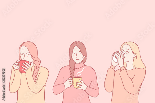 Cheering up, getting warm concept. Winter hot beverage, medicinal drink, cold treatment, young woman with teacup, girl drinking coffee, female teenager keeping warm with tea. Simple flat vector
