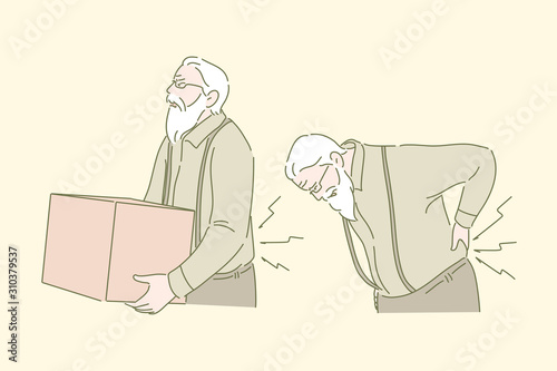 Weight lifting, back ache, healthcare concept. Senile disease, medical contraindication, old man with box, grandfather carrying heavy load, graybeard suffering from pain. Simple flat vector