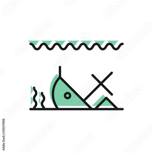 Black line Sunken ship at the bottom of the sea icon isolated on white background. Vector Illustration