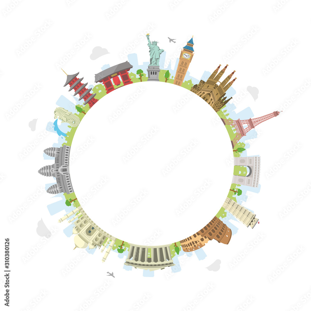 world travel circular vector illustration ( world famous buildings / world heritage ) / Blank text space in the center