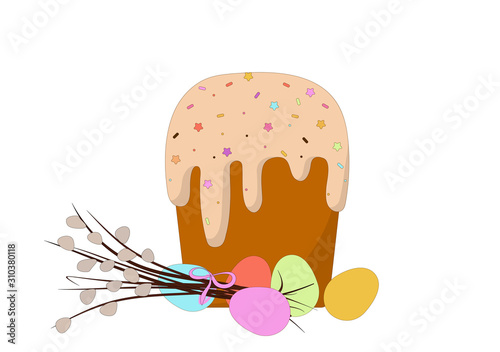  Easter cake, pussy-willow twigs and easter eggs on a white background. Can be used for postcards. flat vector. illustration.