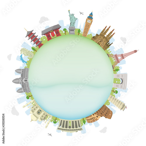 world travel circular vector illustration ( world famous buildings / world heritage ) / Soap bubble