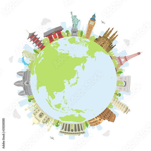 world travel circular vector illustration ( world famous buildings / world heritage ) / earth