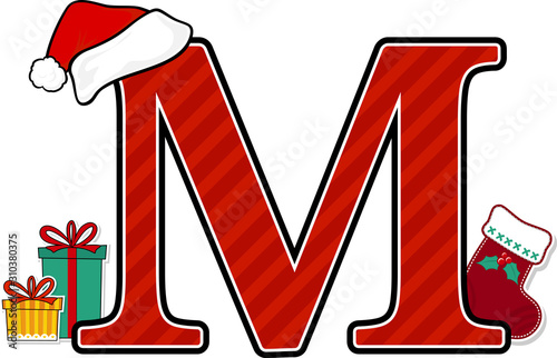 capital letter m with red santa's hat and christmas design elements isolated on white background. can be used for holiday season card, nursery decoration or christmas paty invitation