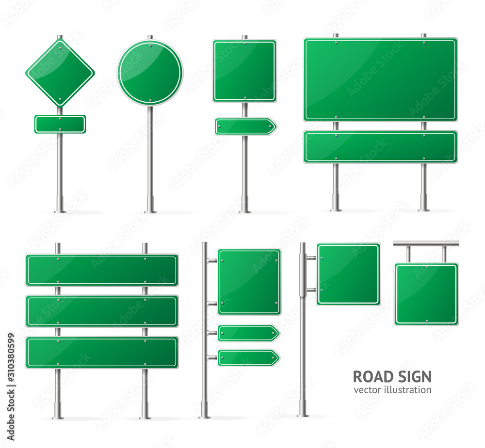 Fototapeta premium Realistic Detailed 3d Green Blank Road Sign Template Mockup Set. Vector