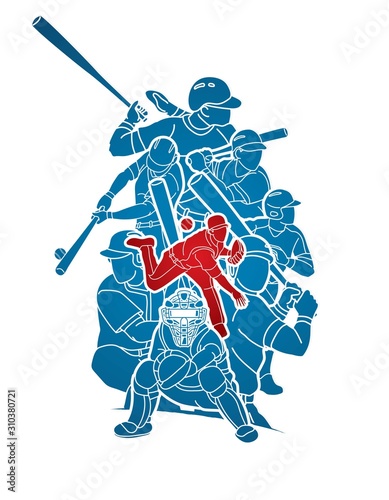 Group of Baseball players action cartoon sport graphic vector.