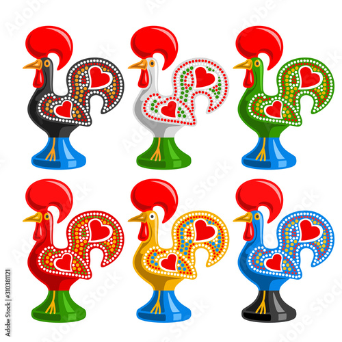 Vector set of Portuguese Roosters, traditional symbol of Portugal - rooster galo de barcelos, collection of 6 cut out portuguese kids toys on white background.