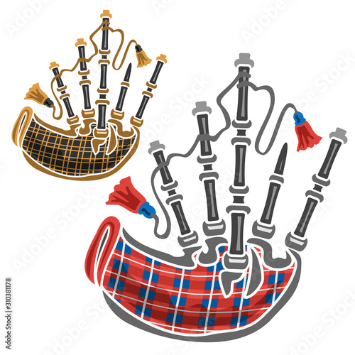 Vector set of scottish Bagpipes, 2 cut out illustrations of classical different bagpipes leather and red tartan on white background.