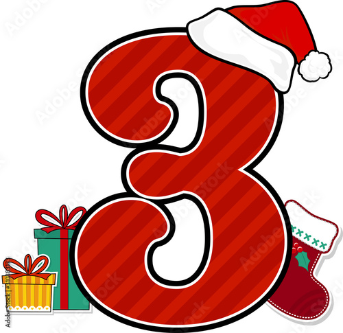 number 3 with red santa's hat and christmas design elements isolated on white background. can be used for holiday season card, nursery decoration or christmas paty invitation