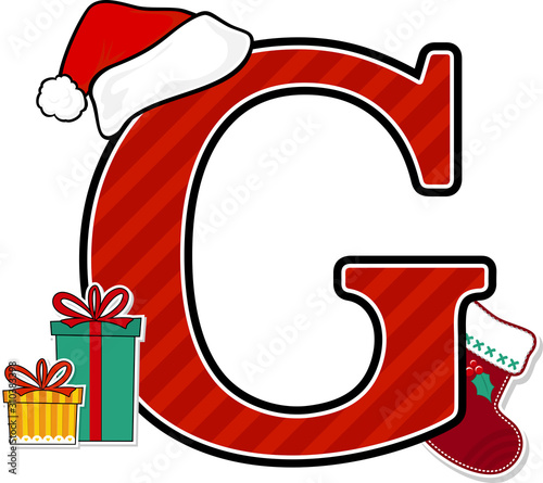 capital letter g with red santa's hat and christmas design elements isolated on white background. can be used for holiday season card, nursery decoration or christmas paty invitation