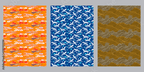 Japanese cloud, heron, ocean wave abstract background
