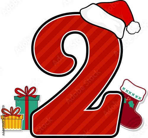 number 2 with red santa's hat and christmas design elements isolated on white background. can be used for holiday season card, nursery decoration or christmas paty invitation