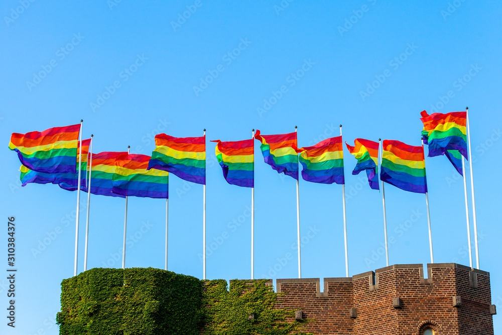 Rainbow flags against sky