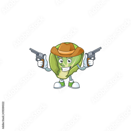 Smiling brussels sprouts mascot icon as a Cowboy holding guns