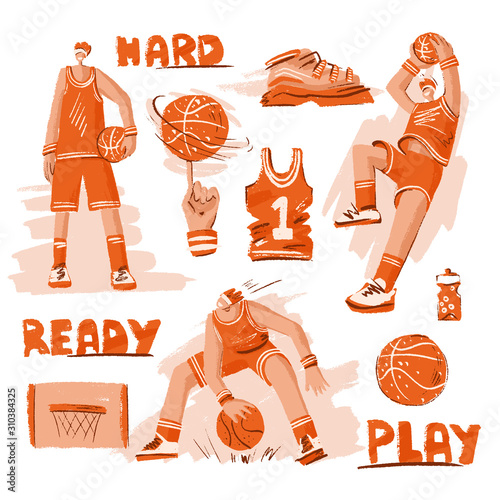 Vector sketch textured set of basketball - basketball players, basket, ball, sneakers. Vector sport collection in modern doodle, hand draw and line style with orange color. Active sport set of