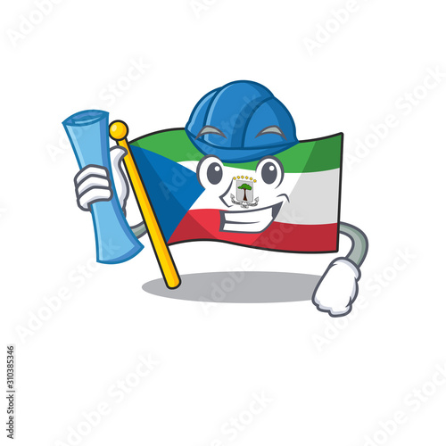 Cheerful Architect flag equatorial guinea Scroll with blue prints and blue helmet