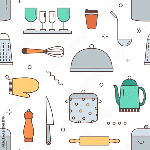 Restaurant kitchenware vector seamless pattern. Kitchen equipment, dinnerware...
