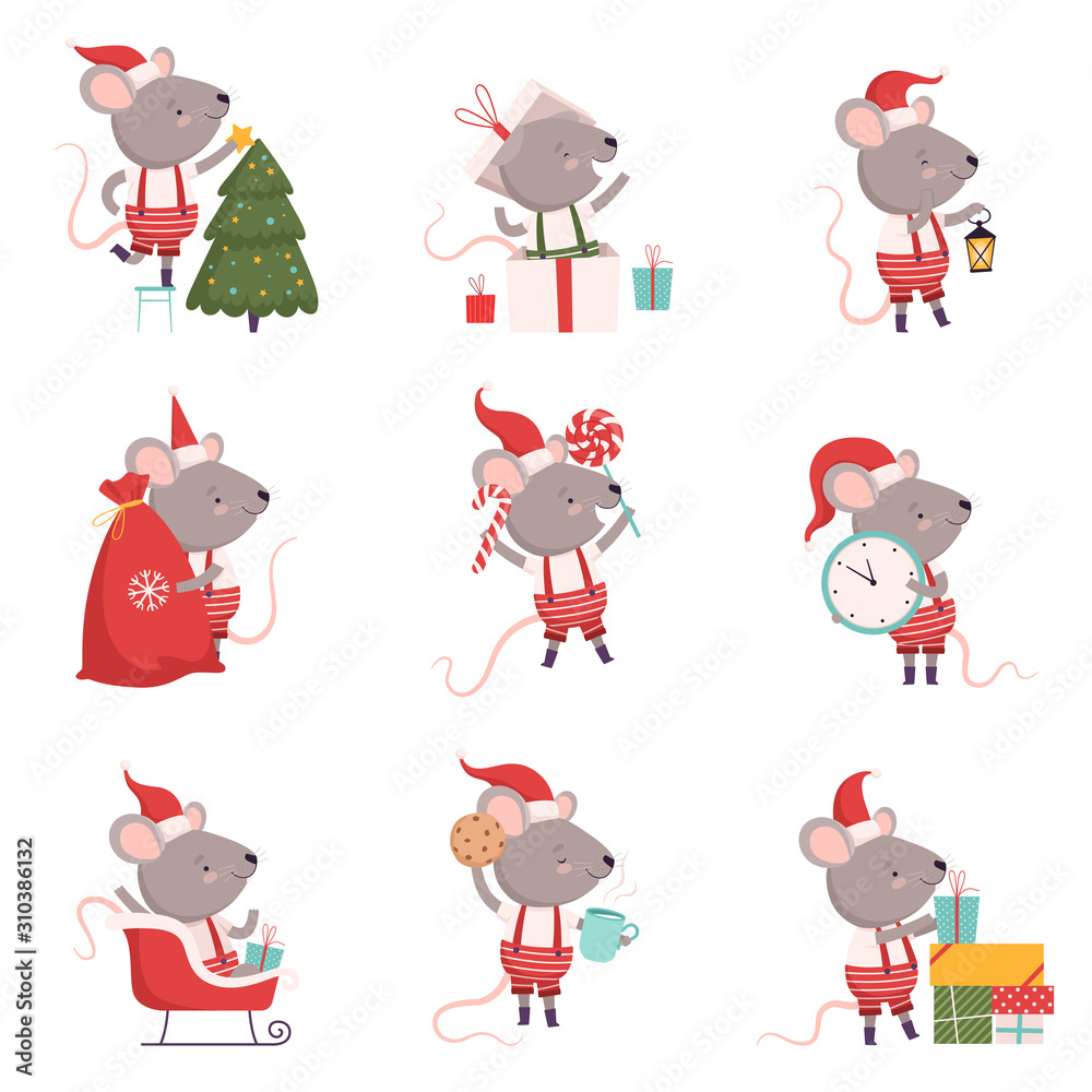 Obraz premium Collection of Cute Mouse in Christmas Santa Claus Costume with Gift Boxes, Cute Small Rodent Animal Character in Different Situations, Symbol of 2020 Year Vector Illustration