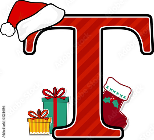 capital letter t with red santa's hat and christmas design elements isolated on white background. can be used for holiday season card, nursery decoration or christmas paty invitation