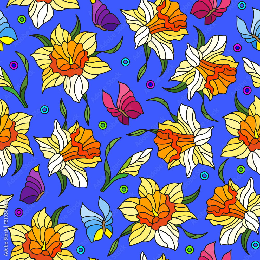Seamless pattern with yellow narcissuses and butterflies, pink flowers on blue background